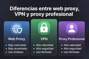 Diferencias entre web proxy, VPN y proxy profesional